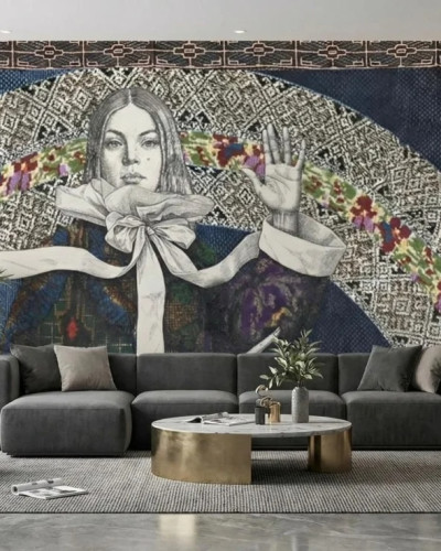 Fototapet cu design artistic feminin într-un living modern
