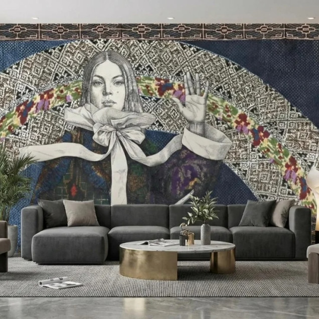 Fototapet cu design artistic feminin într-un living modern