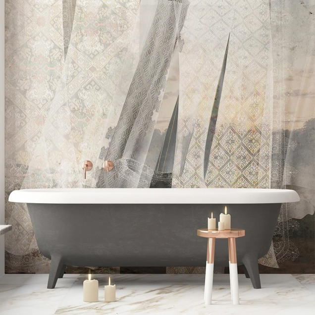 Fototapet personalizat cu motive textile și peisaj diafan într-un interior modern