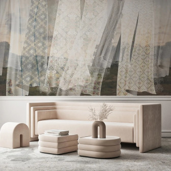 Fototapet personalizat cu motive textile și peisaj diafan într-un interior modern