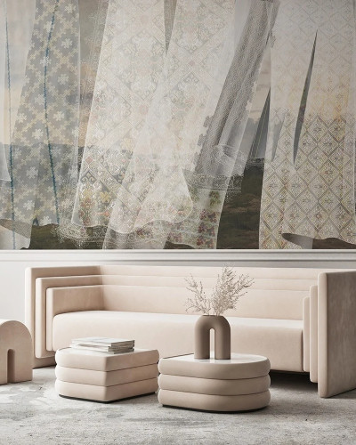 Fototapet personalizat cu motive textile și peisaj diafan într-un interior modern