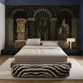 Fototapet personalizat cu design artistic într-un dormitor modern