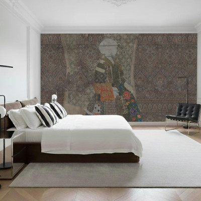 Fototapet personalizat cu design oriental și accente florale într-un dormitor modern.