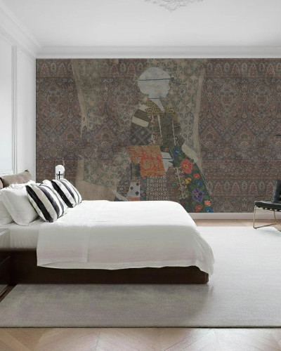 Fototapet personalizat cu design oriental și accente florale într-un dormitor modern.