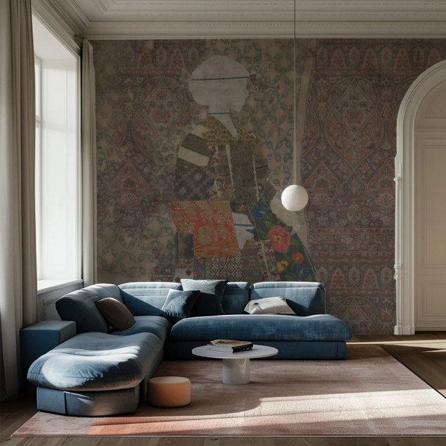 Fototapet personalizat cu design oriental și accente florale într-un dormitor modern.