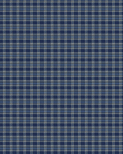 Tapet cu model tartan albastru și alb, încadrat de lambriuri din lemn, într-un living spațios cu mobilier clasic.