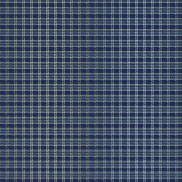 Tapet cu model tartan albastru și alb, încadrat de lambriuri din lemn, într-un living spațios cu mobilier clasic.