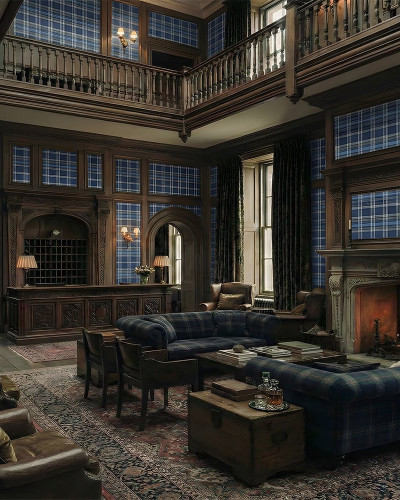 Tapet cu model tartan albastru și alb, încadrat de lambriuri din lemn, într-un living spațios cu mobilier clasic.