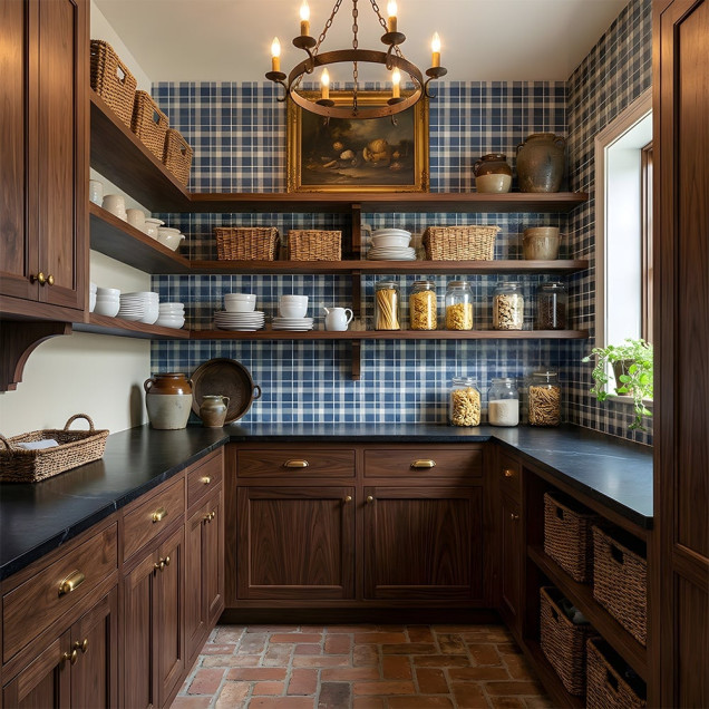 Tapet cu model tartan albastru și alb, încadrat de lambriuri din lemn, într-un living spațios cu mobilier clasic.
