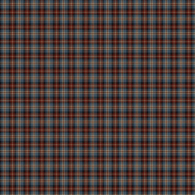 Dormitor amenajat cu tapet cu model tartan în nuanțe de albastru, roșu și maro.