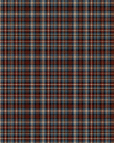Dormitor amenajat cu tapet cu model tartan în nuanțe de albastru, roșu și maro.