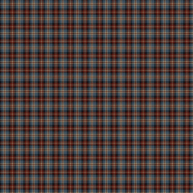 Dormitor amenajat cu tapet cu model tartan în nuanțe de albastru, roșu și maro.