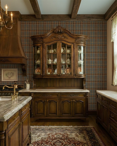 Tapet cu model în carouri gri și maro, potrivit pentru o bucătărie amenajată în stil clasic cu mobilier din lemn masiv.
