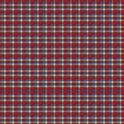 Living decorat cu tapet tartan rosu si albastru, canapea verde si mobilier din lemn