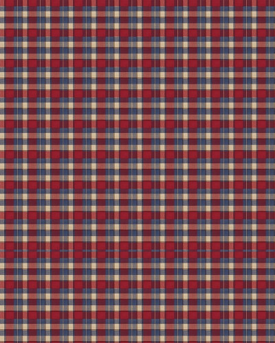 Living decorat cu tapet tartan rosu si albastru, canapea verde si mobilier din lemn