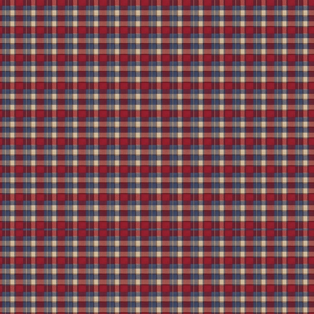 Living decorat cu tapet tartan rosu si albastru, canapea verde si mobilier din lemn