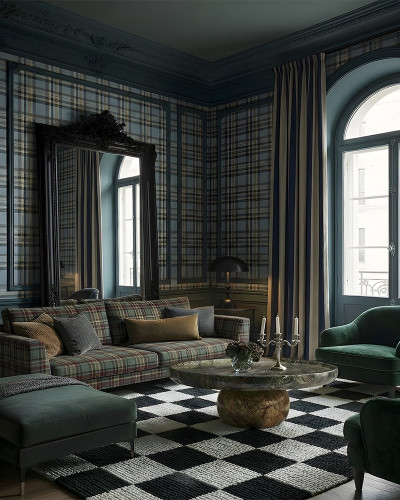 Living elegant cu tapet personalizat în carouri albastre, crem și verzi