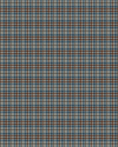 Tapet cu model tartan bej, albastru și roșu în decor de dormitor