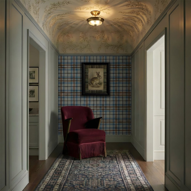 Tapet cu model tartan bej, albastru și roșu în decor de dormitor