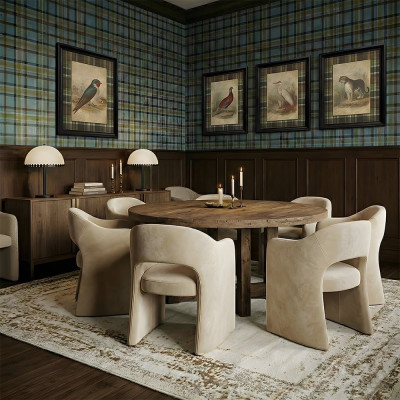 Tapet cu model clasic in carouri albastru-verde si elemente de decor interioare