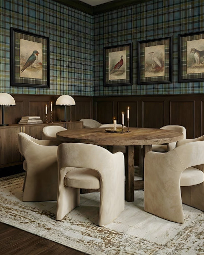 Tapet cu model clasic in carouri albastru-verde si elemente de decor interioare