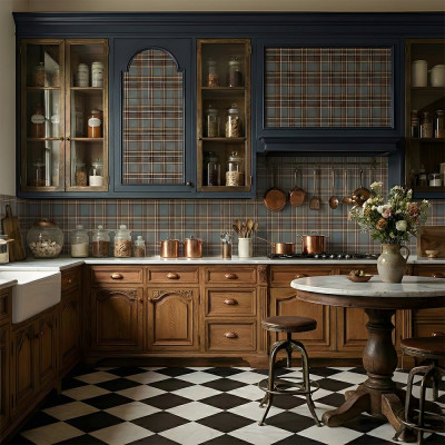 Tapet cu model in carouri, inspirat din motive traditionale, aplicat in bucatarie