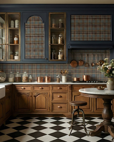 Tapet cu model in carouri, inspirat din motive traditionale, aplicat in bucatarie