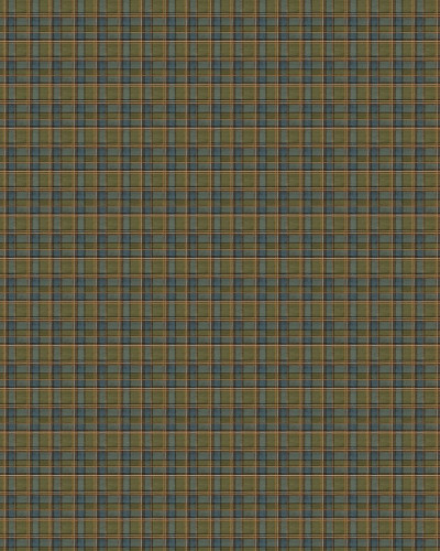 Living decorat cu tapet tartan albastru si verde, semineu, biblioteca si canapea de piele
