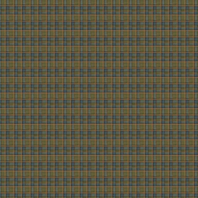 Living decorat cu tapet tartan albastru si verde, semineu, biblioteca si canapea de piele