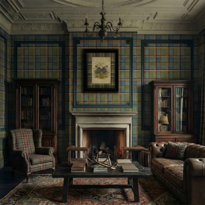Living decorat cu tapet tartan albastru si verde, semineu, biblioteca si canapea de piele