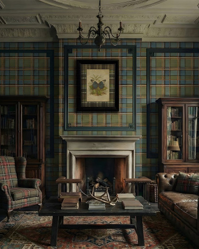 Living decorat cu tapet tartan albastru si verde, semineu, biblioteca si canapea de piele