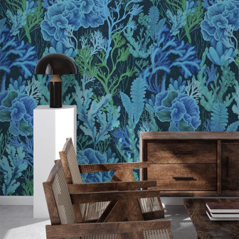 Fototapet cu design floral acvatic în nuanțe de albastru și verde