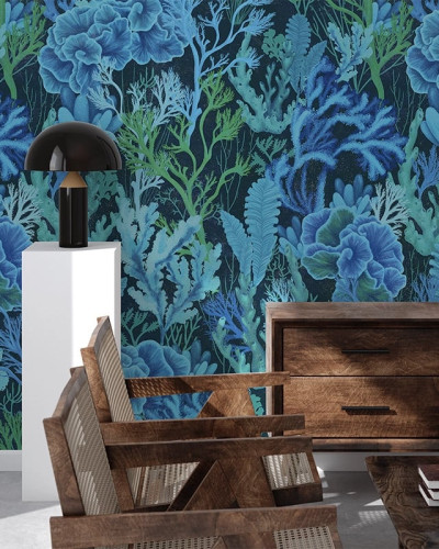 Fototapet cu design floral acvatic în nuanțe de albastru și verde