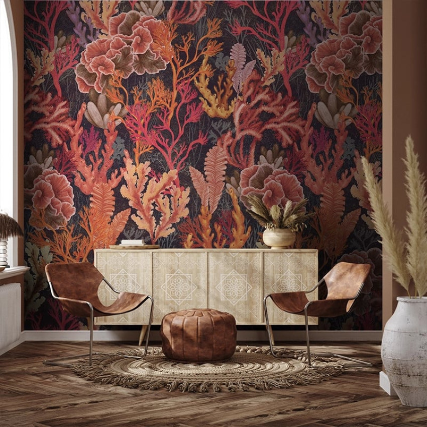 Fototapet cu design floral acvatic în nuanțe de albastru și verde