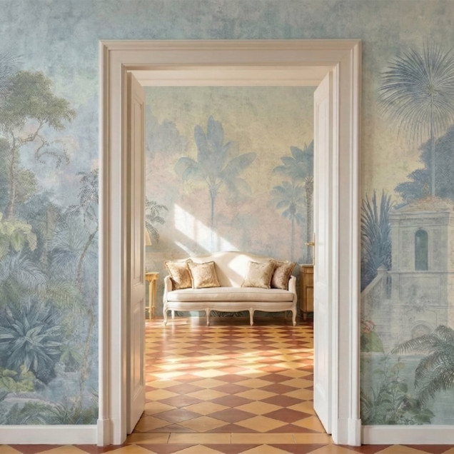 Fototapet cu o pădure tropicală luxuriantă și cer vaporos, perfect pentru un decor de dormitor relaxant.