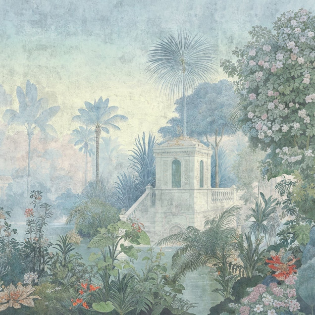 Fototapet cu o pădure tropicală luxuriantă și cer vaporos, perfect pentru un decor de dormitor relaxant.