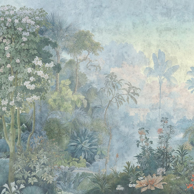 Fototapet cu o pădure tropicală luxuriantă și cer vaporos, perfect pentru un decor de dormitor relaxant.