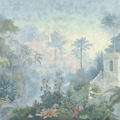 Fototapet cu o pădure tropicală luxuriantă și cer vaporos, perfect pentru un decor de dormitor relaxant.