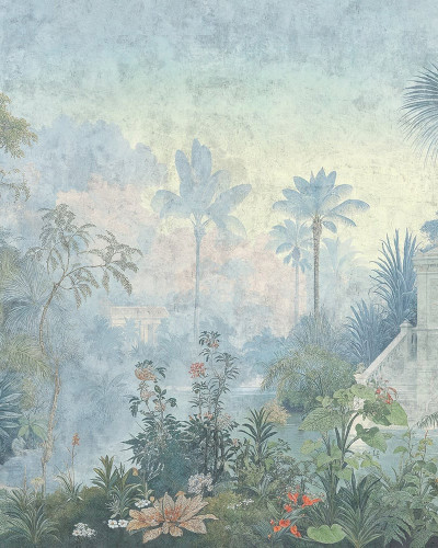 Fototapet cu o pădure tropicală luxuriantă și cer vaporos, perfect pentru un decor de dormitor relaxant.