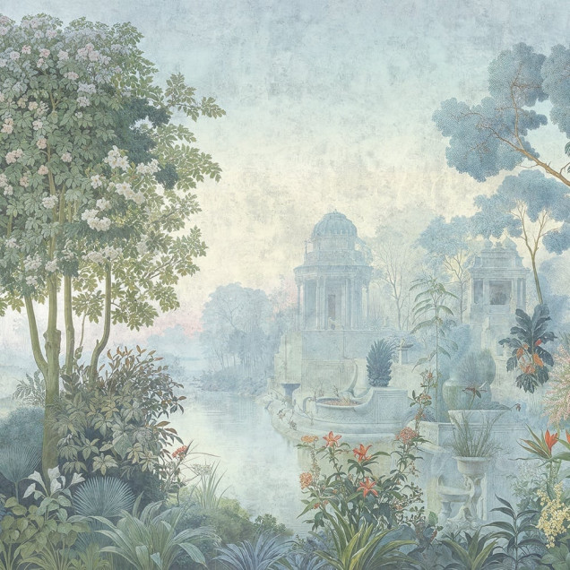 Fototapet cu un peisaj mistic, cu ruine antice, copaci înalți și palmieri, într-o atmosferă cețoasă, utilizat pentru decorarea unui dormitor.
