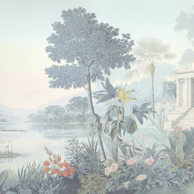 Fototapet cu peisaj tropical, palmieri, pavilion și flori exotice într-un dormitor