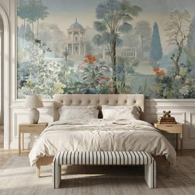 Fototapet cu o grădină exotică vibrantă, cu arhitectură clasică și vegetație luxuriantă, într-un dormitor amenajat elegant.