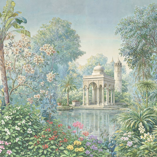 Fototapet cu peisaj de grădină luxuriantă și arhitectură clasică, într-un dormitor elegant.