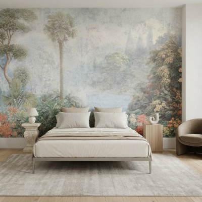 Fototapet cu un peisaj luxuriant de junglă și copaci înalți, într-o cameră de zi amenajată cu mobilier modern.