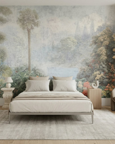 Fototapet cu un peisaj luxuriant de junglă și copaci înalți, într-o cameră de zi amenajată cu mobilier modern.