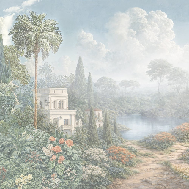 Fototapet cu peisaj de grădină luxuriantă, cu arhitectură clasică și elemente naturale, într-un stil rafinat.