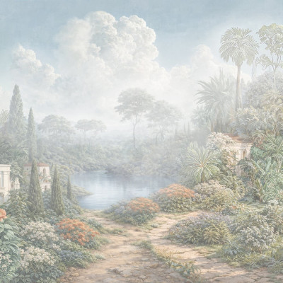 Fototapet cu peisaj de grădină luxuriantă, cu arhitectură clasică și elemente naturale, într-un stil rafinat.
