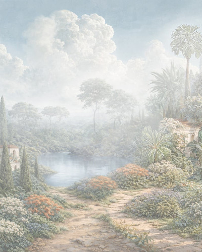 Fototapet cu peisaj de grădină luxuriantă, cu arhitectură clasică și elemente naturale, într-un stil rafinat.
