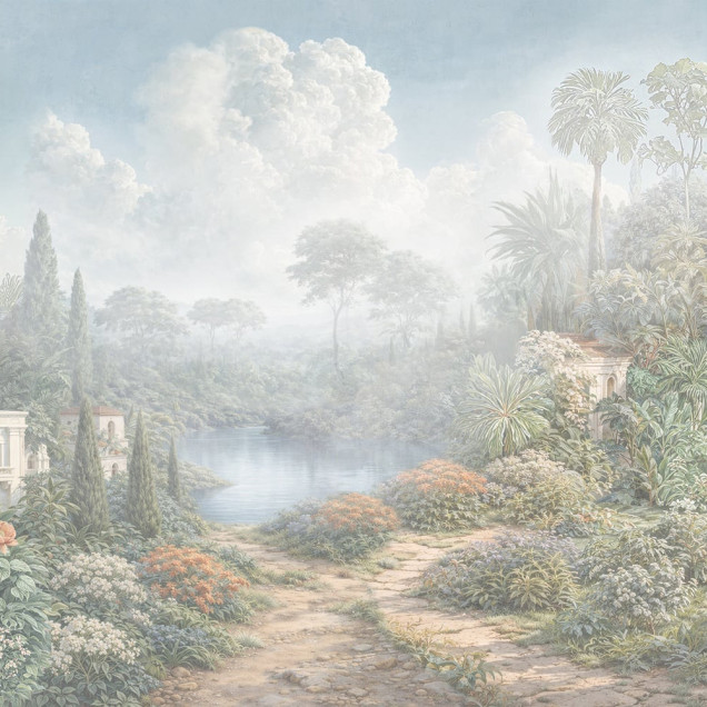 Fototapet cu peisaj de grădină luxuriantă, cu arhitectură clasică și elemente naturale, într-un stil rafinat.