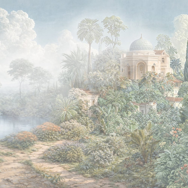 Fototapet cu peisaj de grădină luxuriantă, cu arhitectură clasică și elemente naturale, într-un stil rafinat.